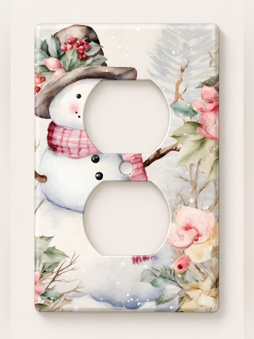 Watercolor Snowman Pink Scarf Christmas Duplex Outlet Wall Plate Cover